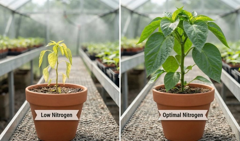 A visual comparison of two young pepper plants; the one on the left, labeled "Low Nitrogen," is small and pale, while the plant on the right, labeled "Optimal Nitrogen," is large and vibrantly green.