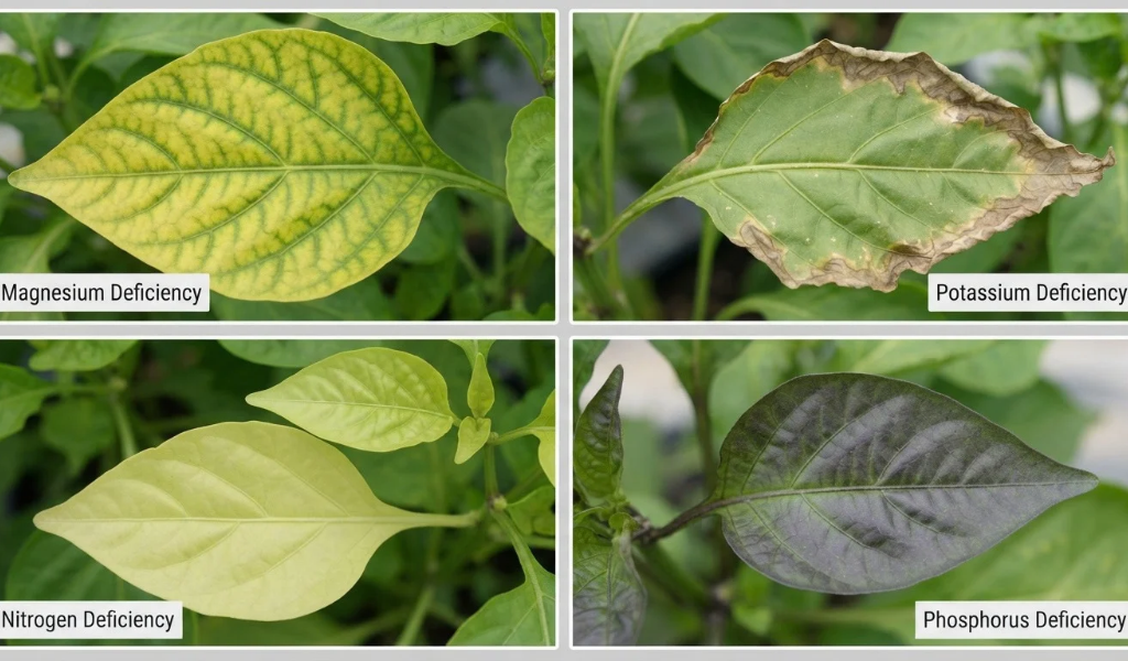 A collage of four pepper plant leaves, each showing classic symptoms of specific nutrient deficiencies: magnesium (interveinal chlorosis), potassium (scorch), nitrogen (overall pale color), and phosphorus (purple tint).