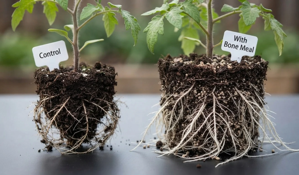 A visual comparison of two tomato plant root systems: a sparse control sample on the left, and a dense, robust root system developed with bone meal on the right.