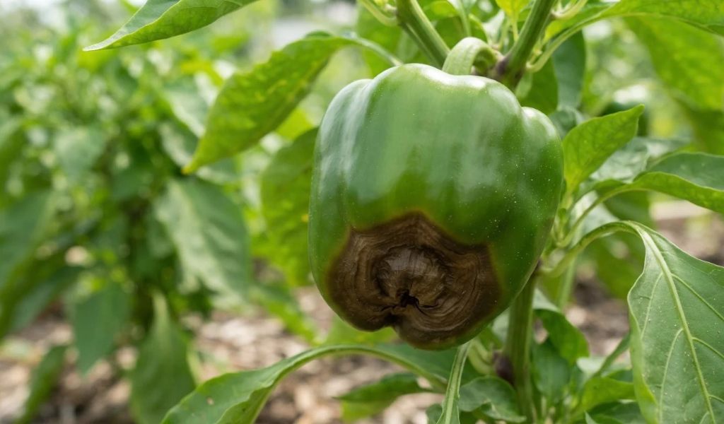 A close-up photograph of a green bell pepper attached to a plant, clearly showing the dark, leathery, sunken rot characteristic of blossom end rot at the bottom of the fruit.