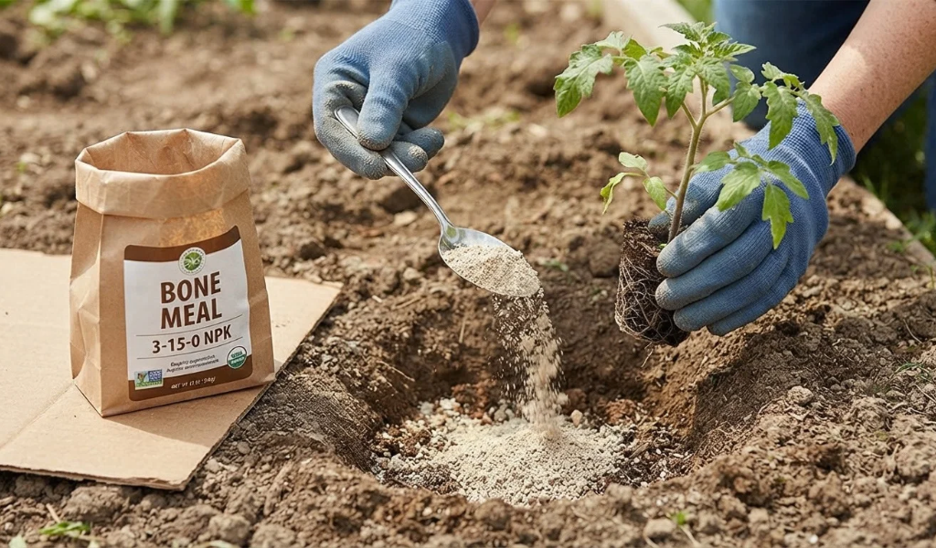 A gardener measuring a tablespoon of bone meal fertilizer into a prepared planting hole for a tomato seedling, illustrating the correct application timing at transplant.