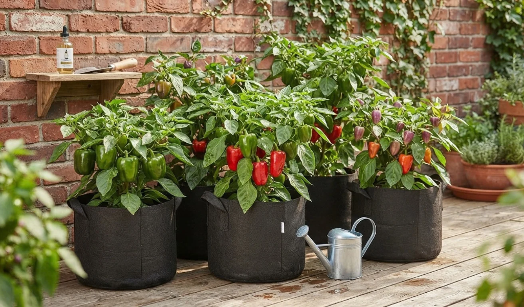 A thriving patio container garden with multiple pepper plants growing in large fabric pots on a wooden deck, illustrating the setup for intensive container feeding.