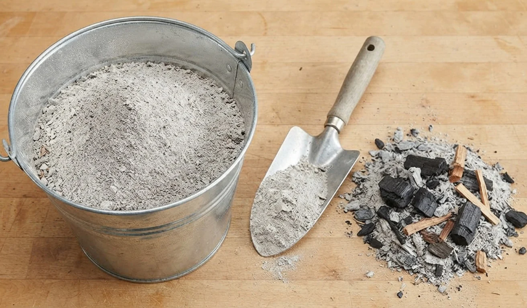A metal bucket filled with fine, sifted wood ash next to a garden trowel and a pile of unsifted ash containing charcoal chunks on a wooden workbench.