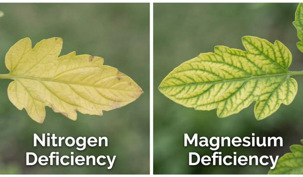 Side-by-side comparison photo distinguishing nitrogen deficiency (uniform yellowing) from magnesium deficiency (green veins, yellow tissue) in tomato leaves.