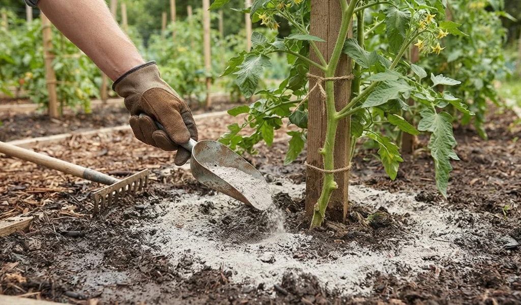A gloved hand carefully broadcasting a thin ring of sifted wood ash several inches away from the main stem of an established, staked tomato plant in a garden bed.