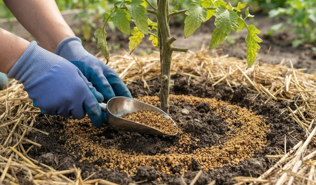 A gardener's hands wearing gloves applying granular organic fertilizer in a ring around the base of a tomato plant, several inches from the stem.