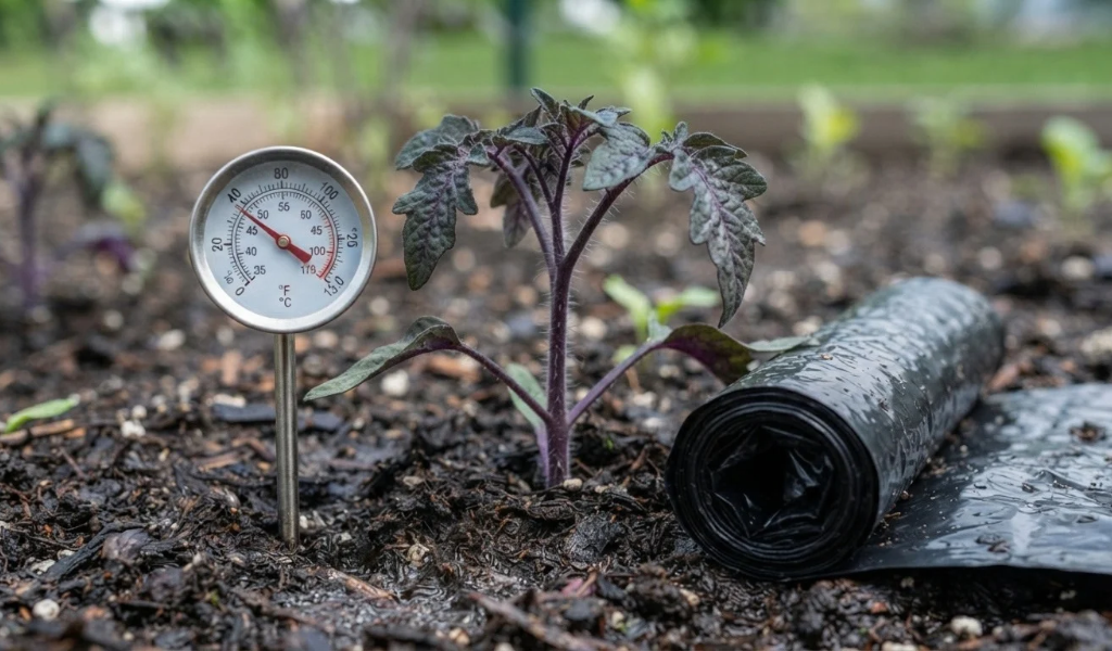 A tomato seedling struggling in cold, damp garden soil (55°F confirmed by a soil thermometer), illustrating the environmental cause of phosphorus deficiency.