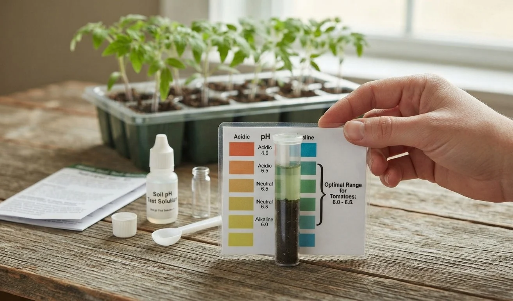A home soil pH test kit showing a test tube with a solution color matched to the optimal range (6.0-6.8) for tomatoes, resting on a wooden table with seedlings in the background.