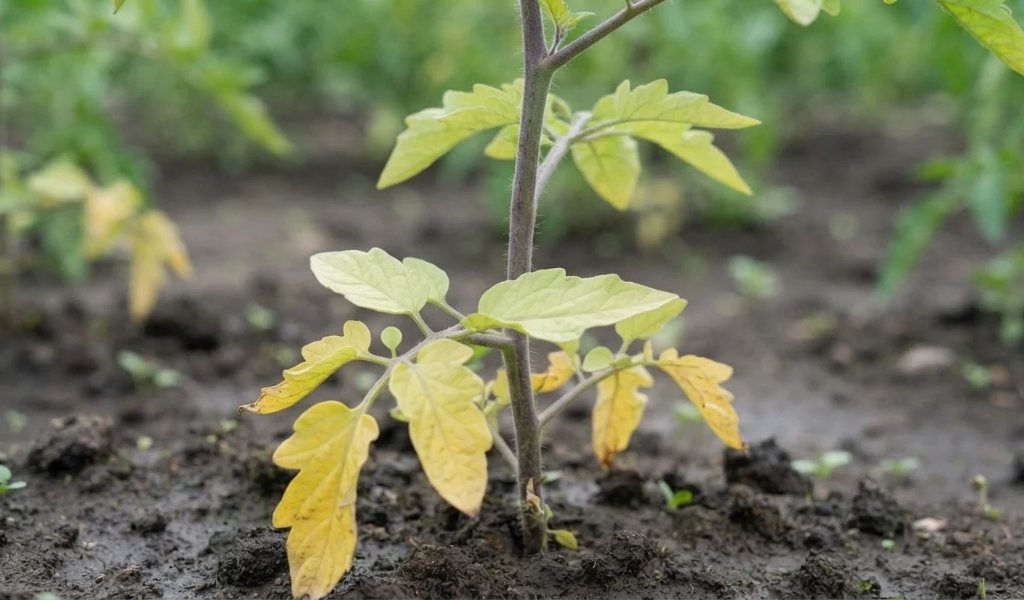 A young tomato plant displaying classic nitrogen deficiency symptoms: uniform yellowing and pale green color on the lower, older leaves, with a thin stem.
