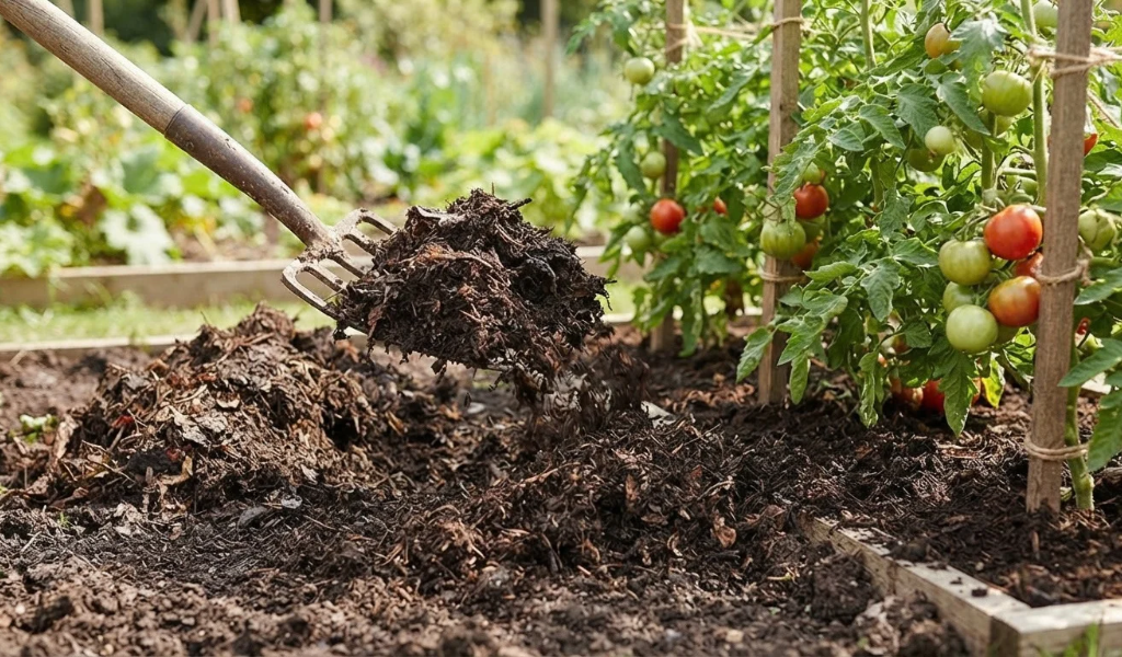 Rich dark organic compost being spread over garden soil next to tomato plants