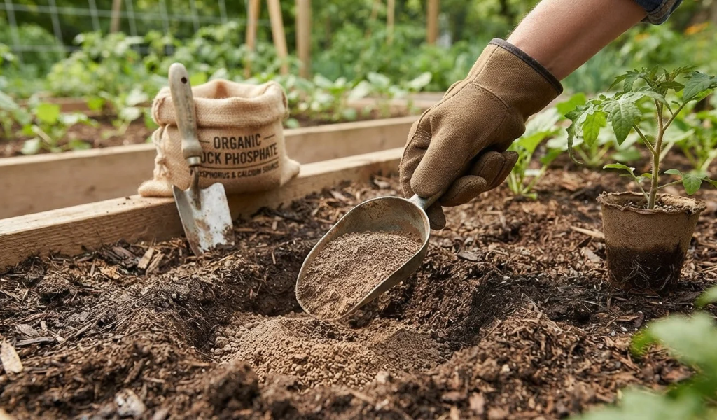A gardener's gloved hand using a scoop to mix granular rock phosphate into rich garden soil for a tomato transplant, with a bag of rock phosphate in the background.
