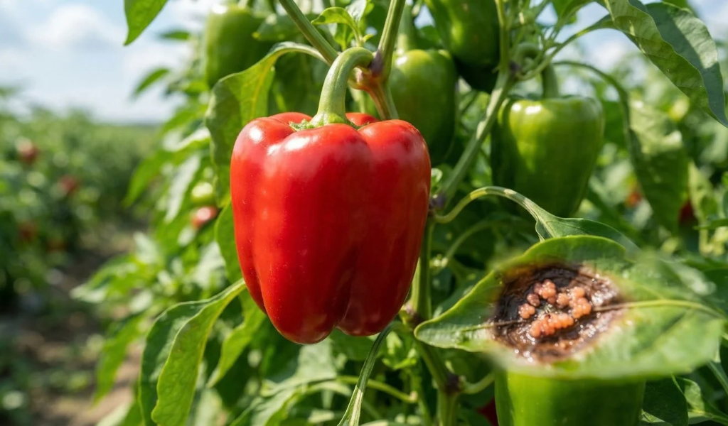 Close-up of a vibrant red pepper with a small, early symptom of anthracnose infection, illustrating the disease that threatens healthy crops.
