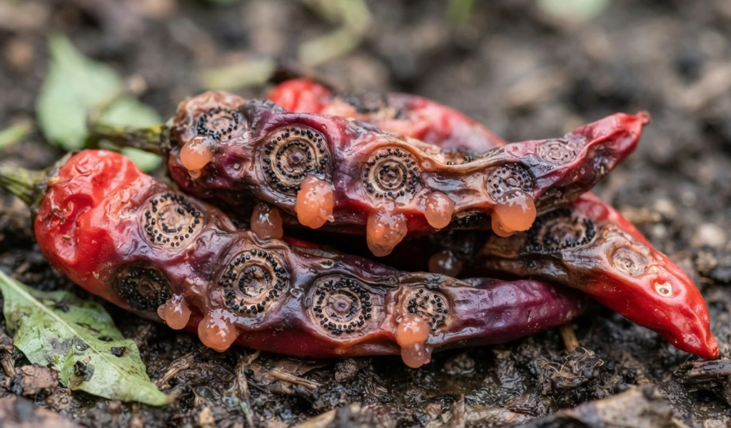 Macro detail of multiple red chili peppers showing advanced anthracnose symptoms, including sunken lesions, concentric black dots, and ooze of pink spore masses.