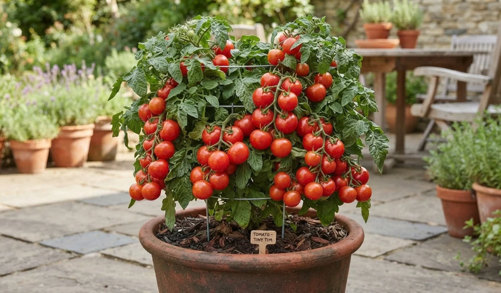 Compact bushy determinate tomato plant growing successfully in a container on a patio