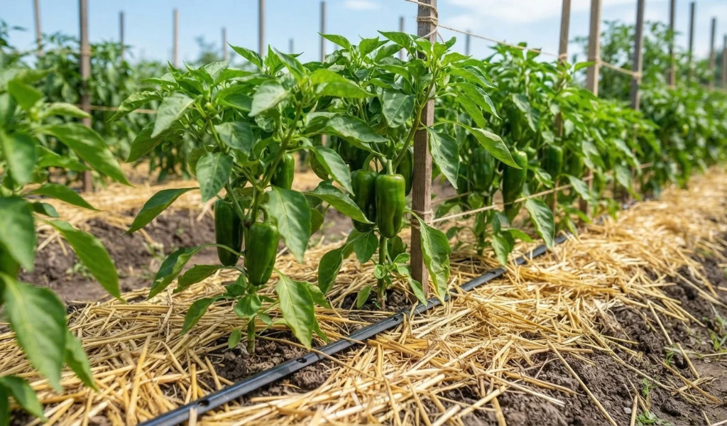 A well-managed pepper field using straw mulch and drip irrigation to prevent soil splash and maintain plant health, key cultural practices for anthracnose control.