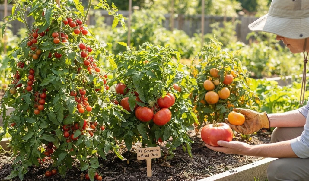 A garden bed showing diverse tomato plants grown from F2 hybrid seeds, with varying plant heights, fruit shapes, and colors, being examined by a gardener.