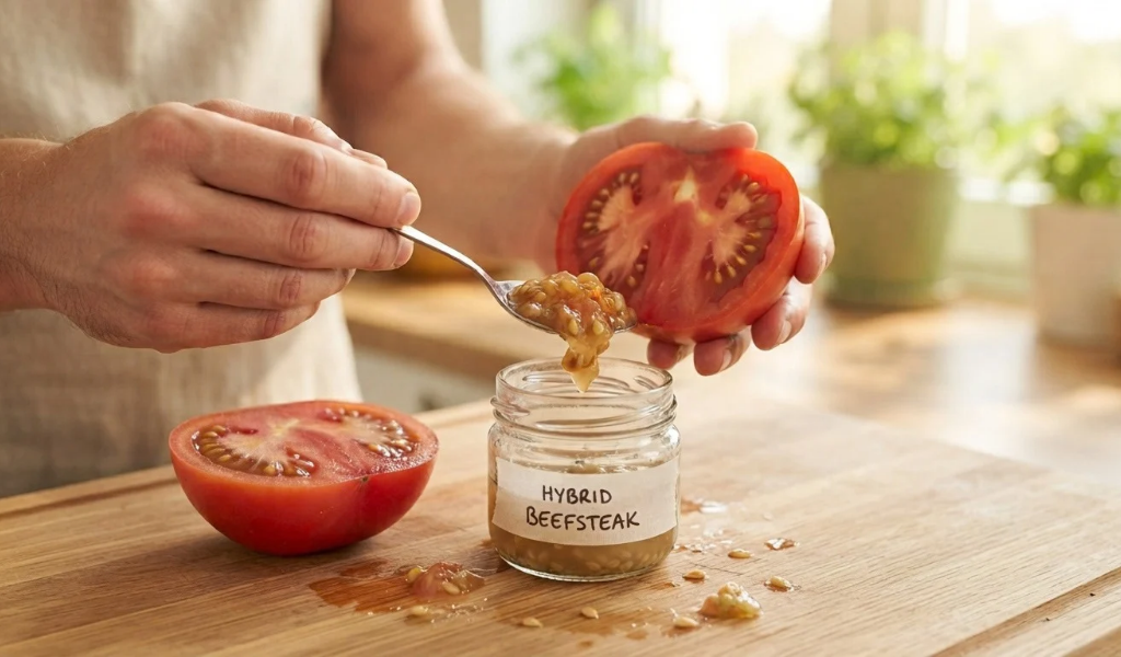 A gardener's hands scoop seeds and pulp from a ripe hybrid tomato into a labeled glass jar in a bright kitchen setting