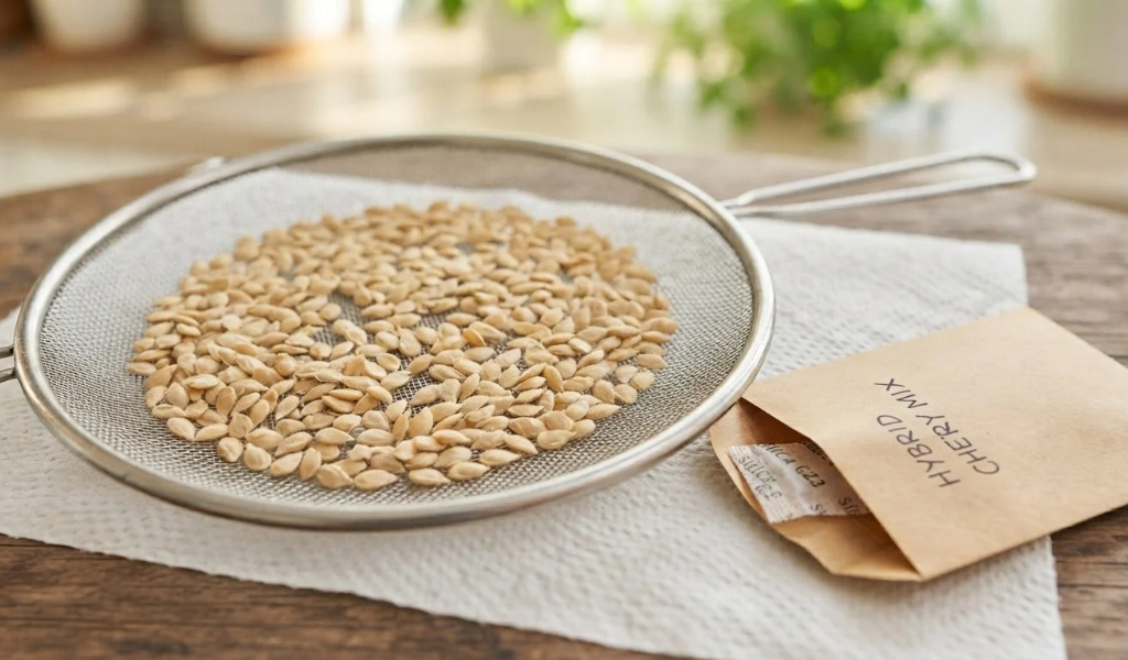Macro shot of hundreds of perfectly dried, clean hybrid tomato seeds spread on a fine mesh strainer next to a labeled paper envelope and silica gel packet.