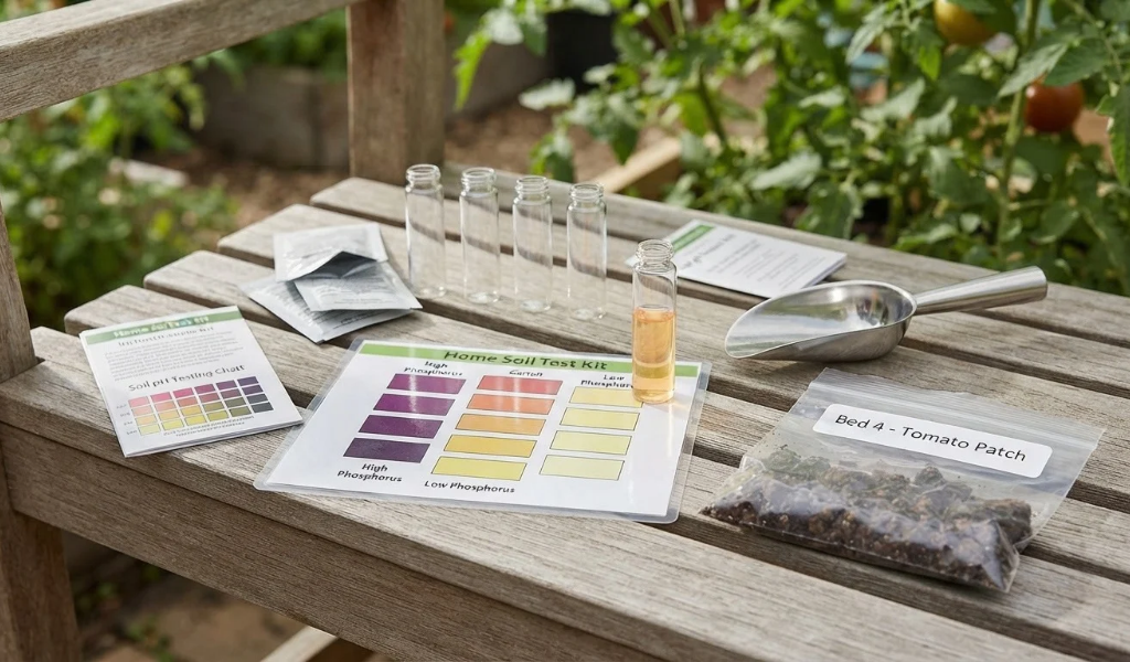 A home soil test kit on a wooden bench, with a test vial showing a yellow color reaction indicating 'Low Phosphorus' next to the color chart.