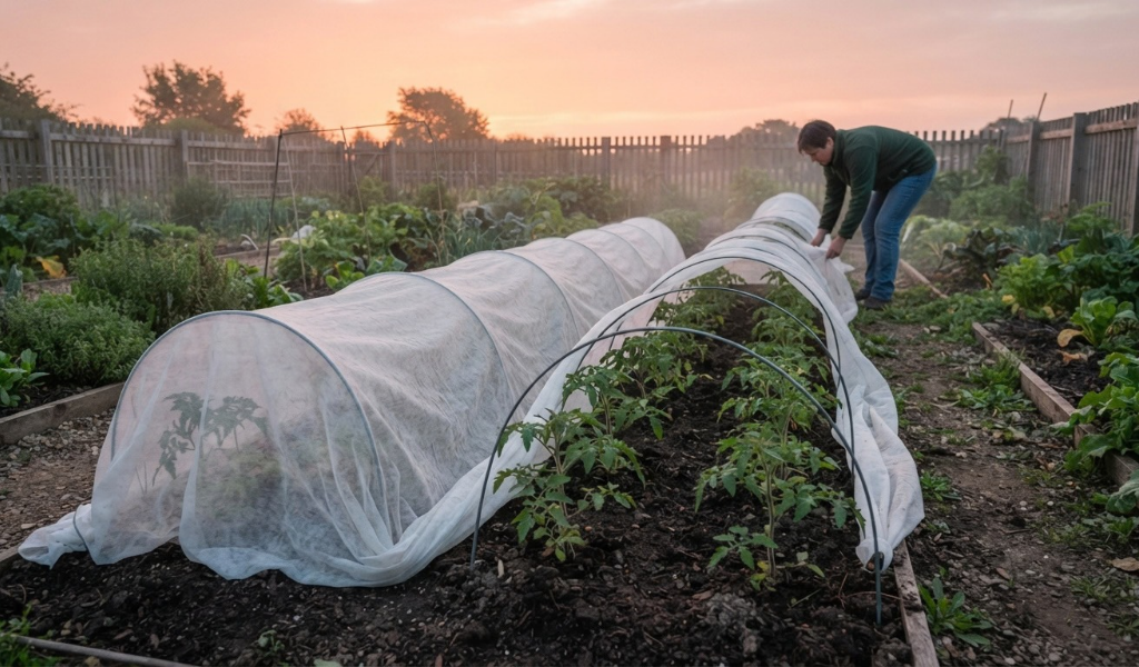 Garden beds of young tomato plants covered with a protective white frost blanket supported by hoops, taken at dusk to illustrate frost protection.
