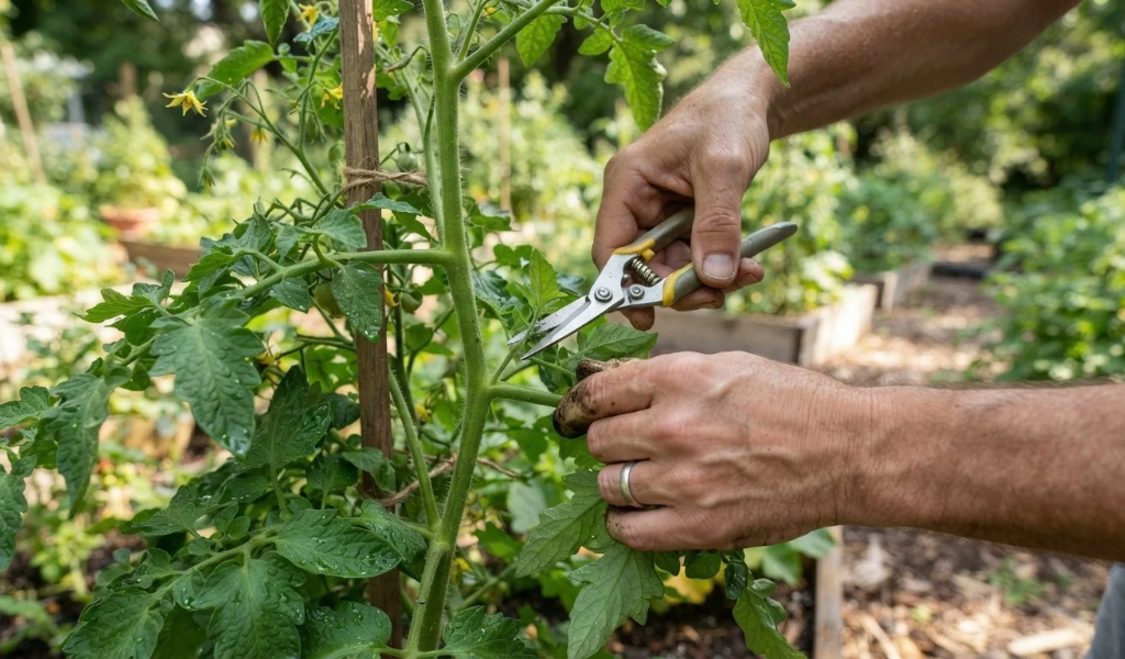 Hands pruning tomato plant suckers with sharp snips to maintain proper plant growth and airflow