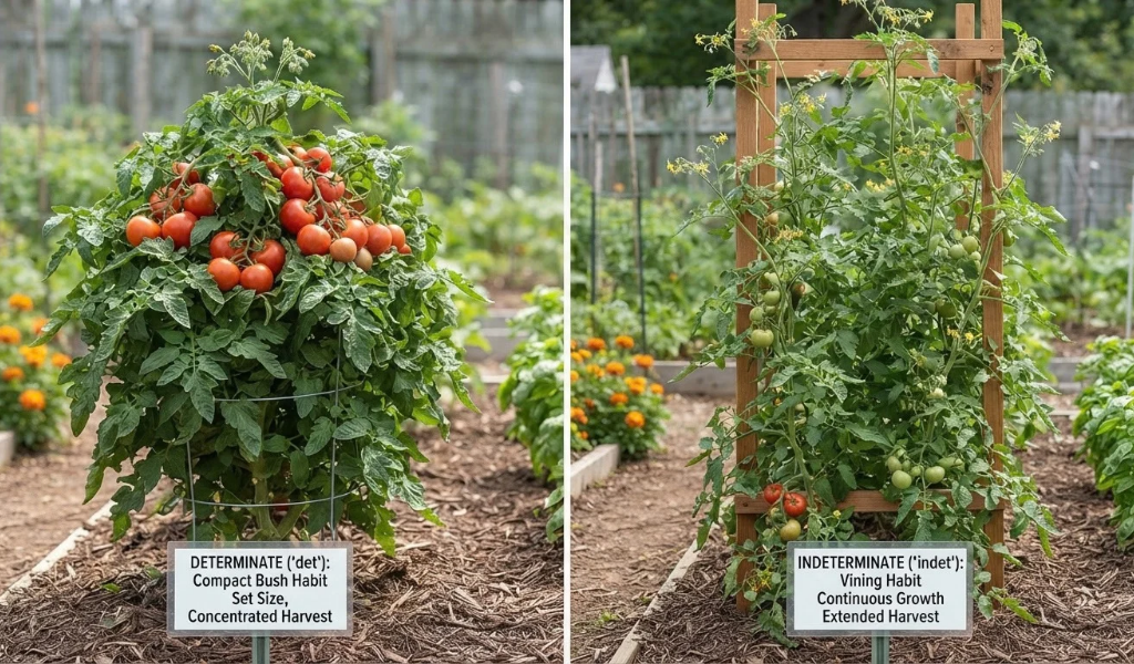 A visual comparison showing the compact, bushy growth habit of determinate tomato plants versus the tall, sprawling vining habit of indeterminate plants in a garden setting.