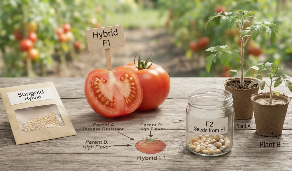 A high-definition macro photograph, building upon image_7.png, illustrates the genetic principles of hybrid tomato seeds. Centrally positioned is a cross-section of a single, perfectly ripe red F1 hybrid tomato, revealing its seed cavities.