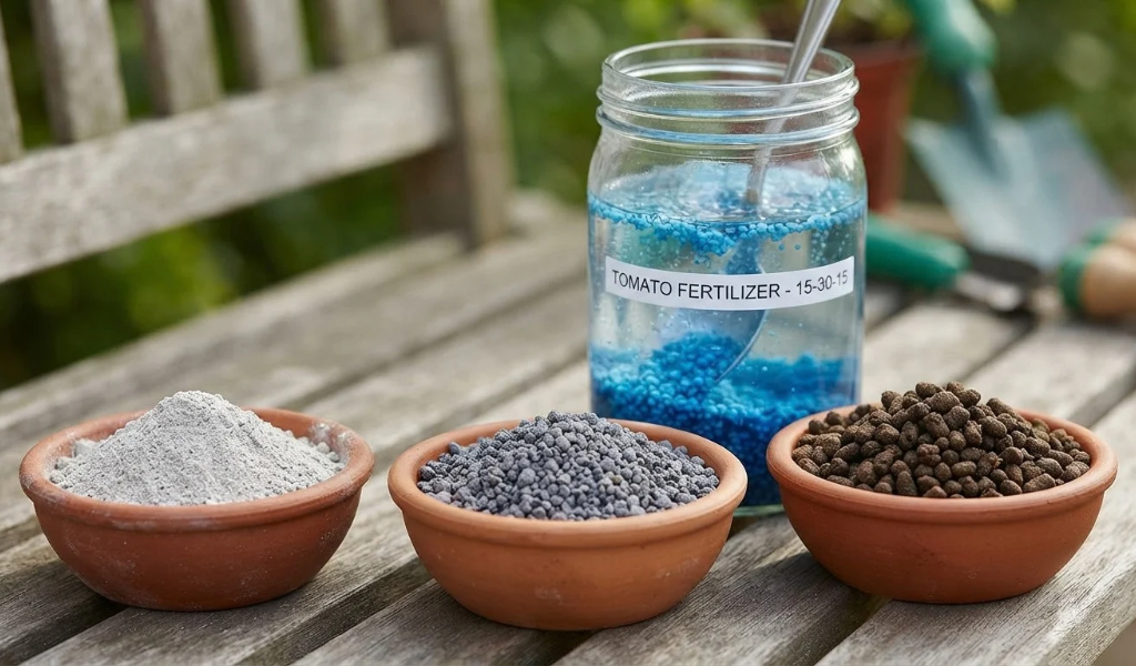 Close-up view of common organic phosphorus fertilizers for tomatoes: bone meal, rock phosphate, and seabird guano, displayed in bowls next to a water-soluble fertilizer.