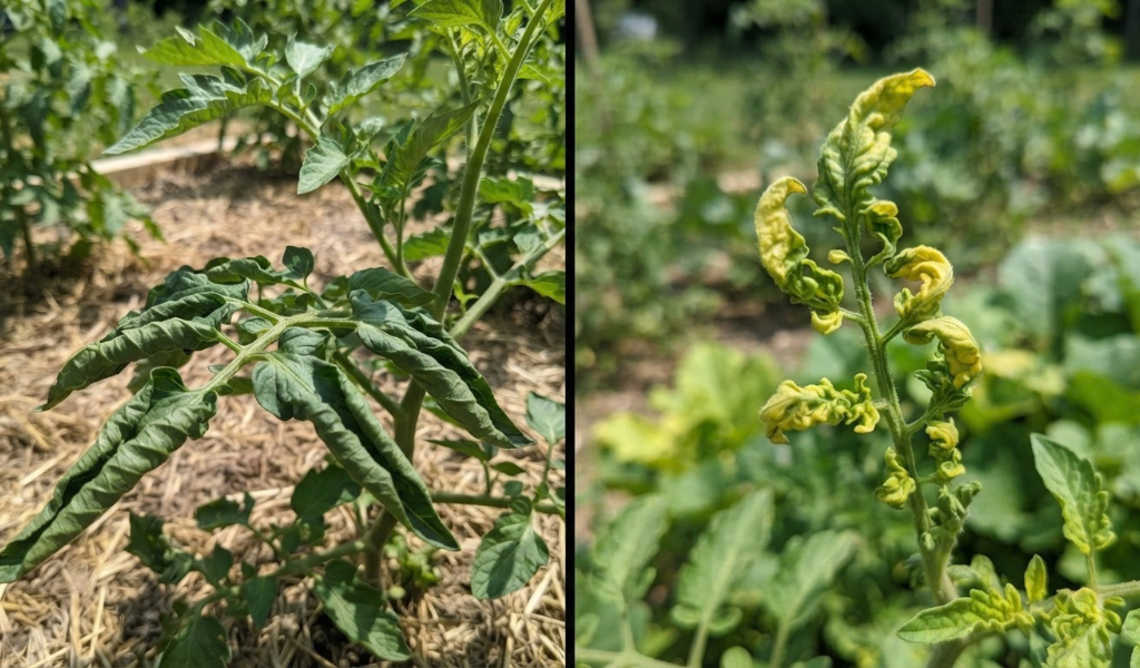 A split-screen comparison image illustrating physiological leaf roll (upward, leathery, green leaves) and virus/pest leaf curl (yellowed, twisted, stunted new growth) on tomato plants.