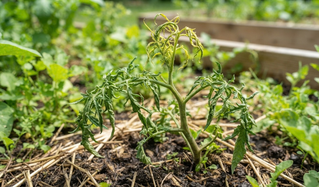 Close-up of a mature tomato plant exhibiting classic physiological leaf roll, where older, lower leaves curl upward and inward due to heat and water stress, while new growth remains relatively unaffected.