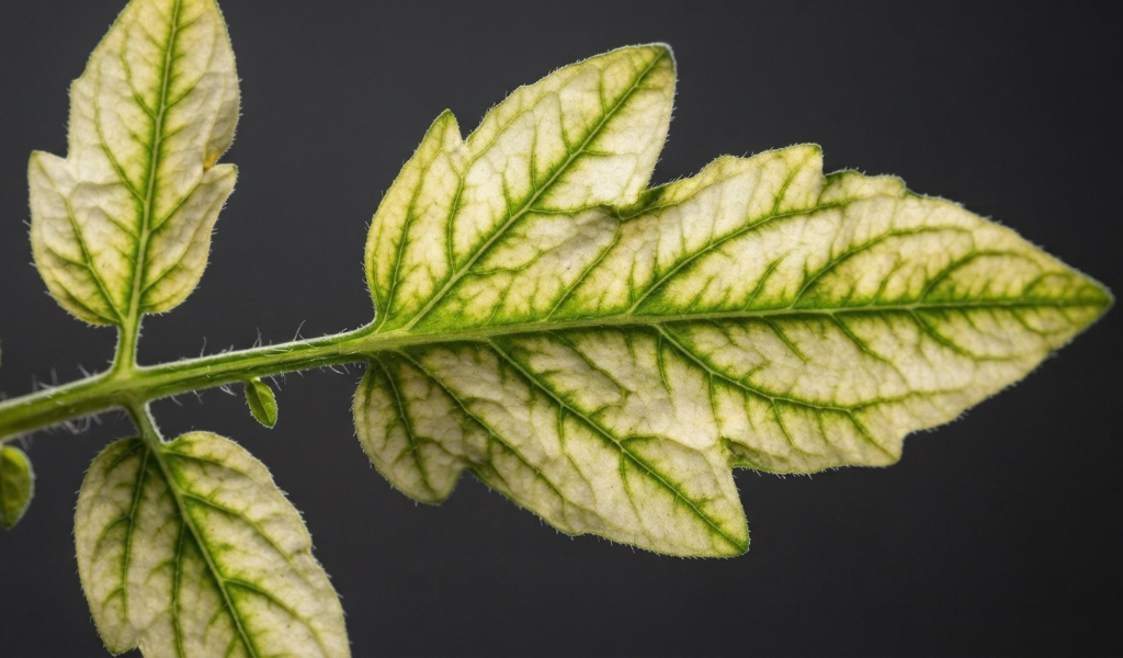 Macro photograph of a single young tomato leaf illustrating classic interveinal chlorosis; the tissue is yellowed while the veins remain distinctly green.