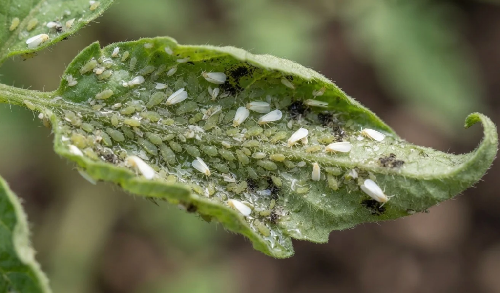 Macro photograph of the underside of a tomato leaf heavily infested with colonies of small green aphids and whiteflies, causing the leaf edges to curl downwards.