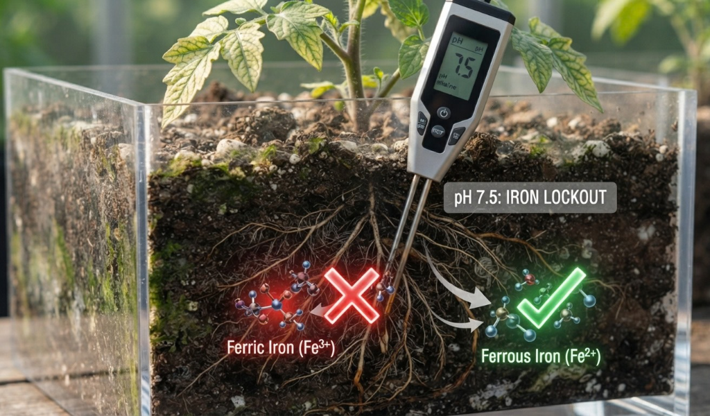 Informative photo showing a tomato plant in a pot with a pH meter reading 7.5, illustrating how high alkaline soil prevents root absorption of iron.