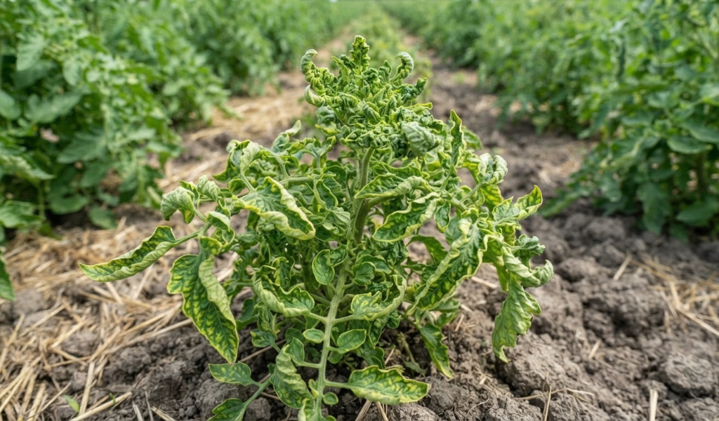A young tomato plant showing advanced symptoms of Tomato Yellow Leaf Curl Virus (TYLCV), characterized by severe stunting, bushy growth, and small, yellowed, upward-cupped leaves.