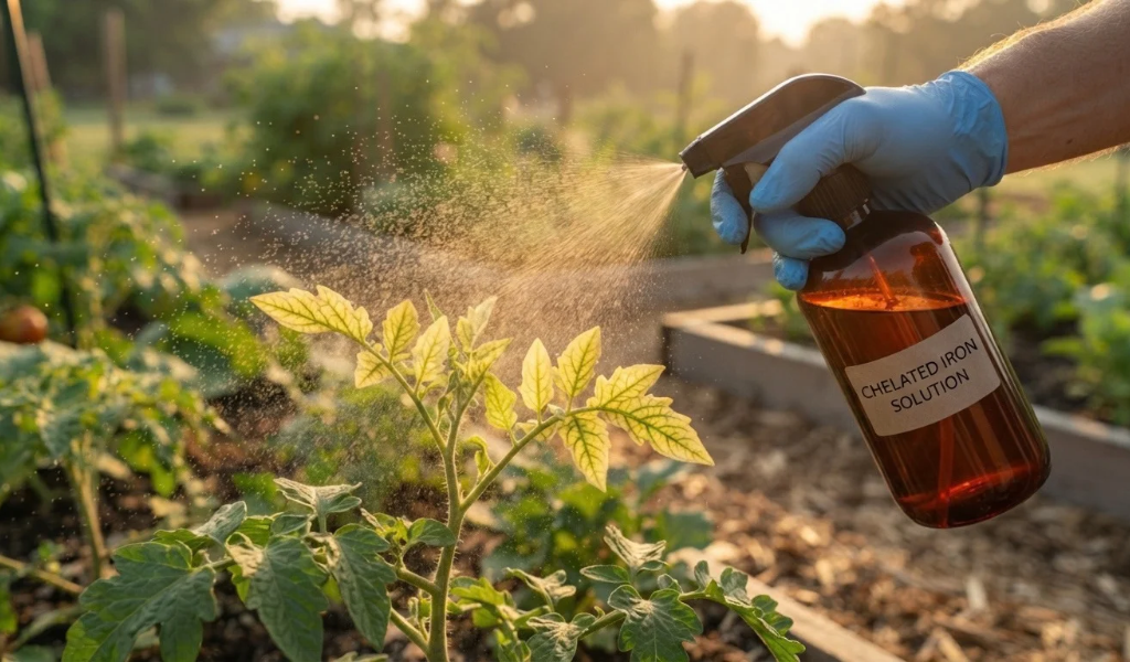 A gardener's hand applying a foliar spray of chelated iron solution as a fine mist onto the pale, yellowed leaves of a tomato plant in the early morning.